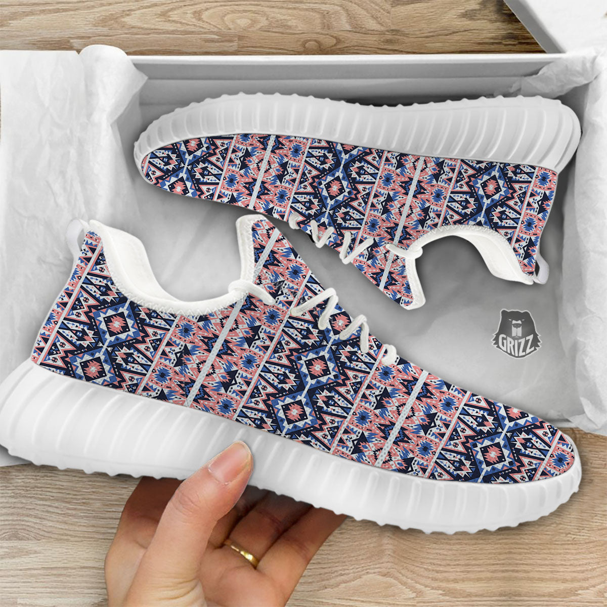 Southwestern Blue And Pink Print Pattern White Walking Shoes-grizzshop