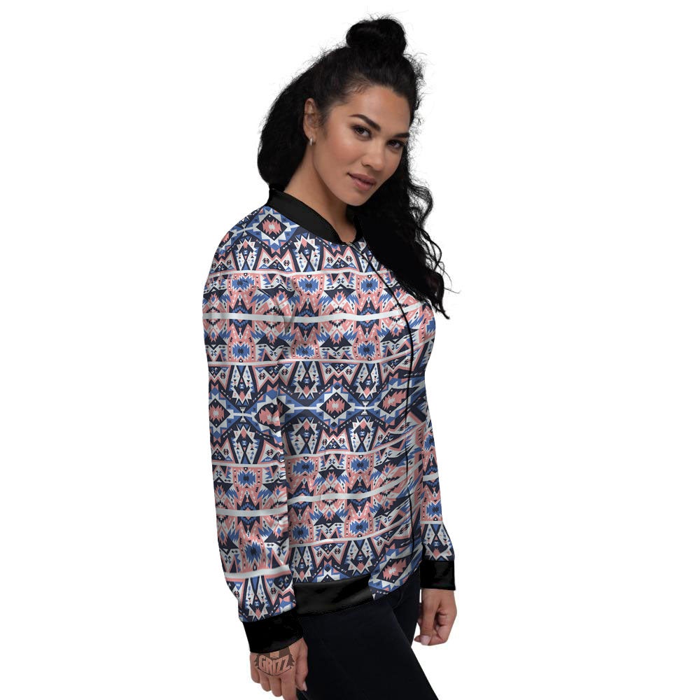 Southwestern Blue And Pink Print Pattern Women's Bomber Jacket-grizzshop