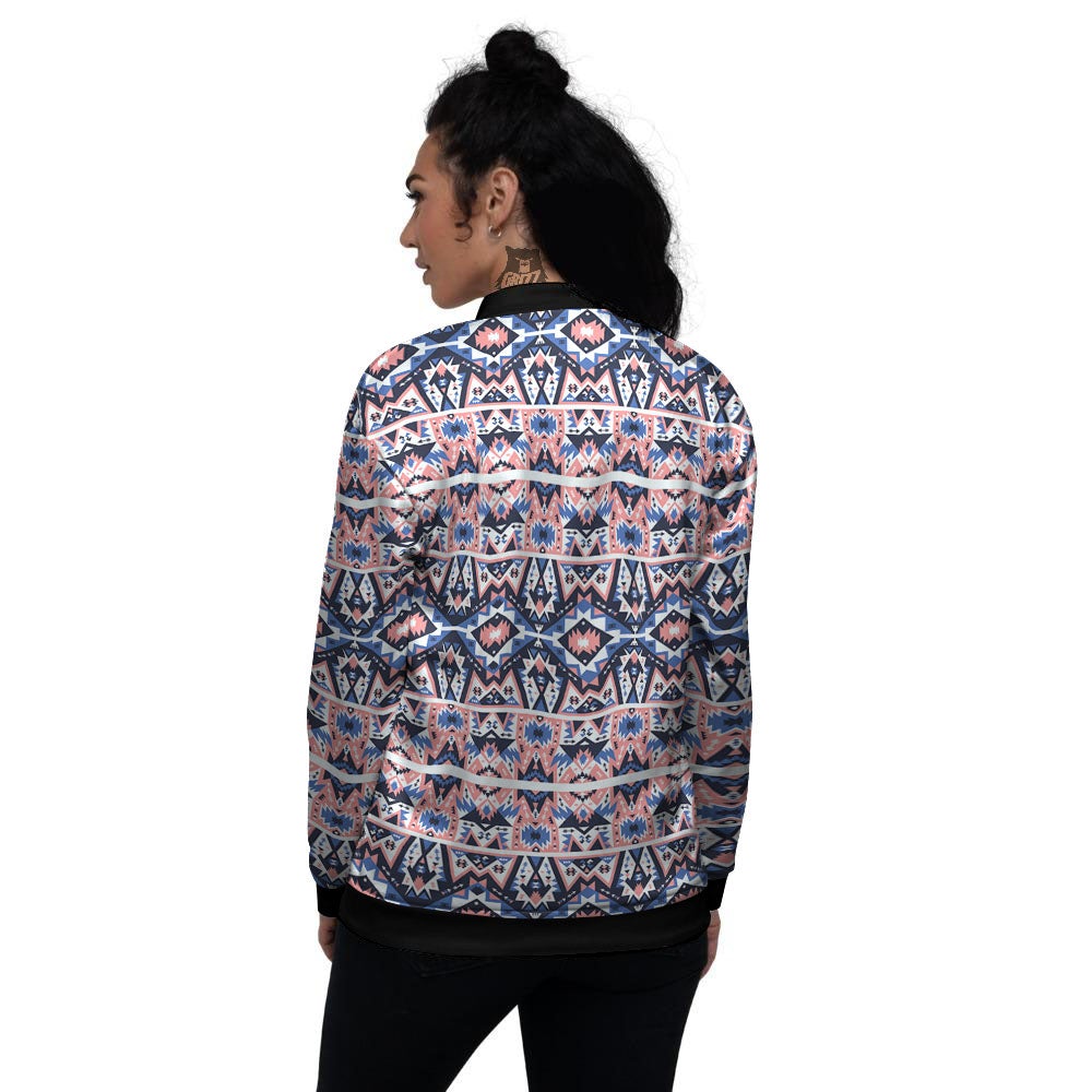 Southwestern Blue And Pink Print Pattern Women's Bomber Jacket-grizzshop