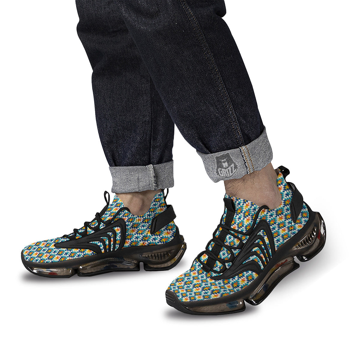 Southwestern Orange And Blue Print Black Gym Shoes-grizzshop