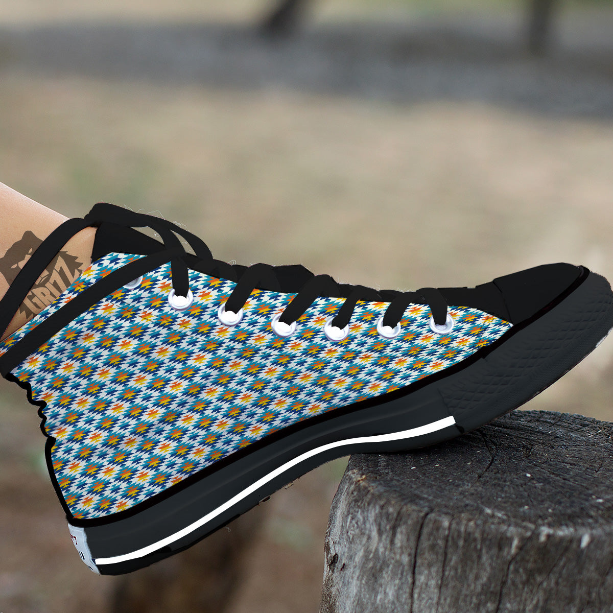 Southwestern Orange And Blue Print Black High Top Shoes-grizzshop
