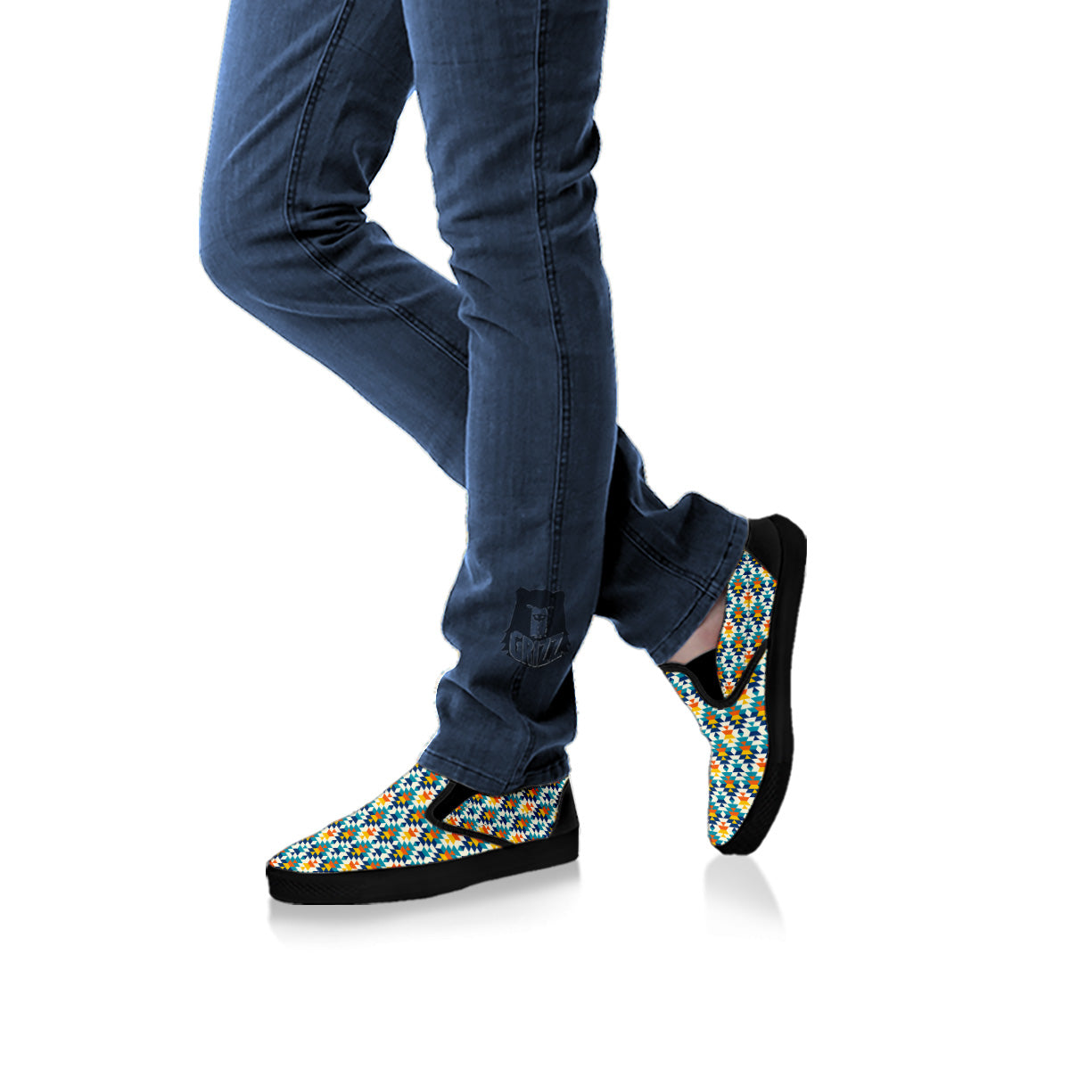 Southwestern Orange And Blue Print Black Slip On Shoes-grizzshop