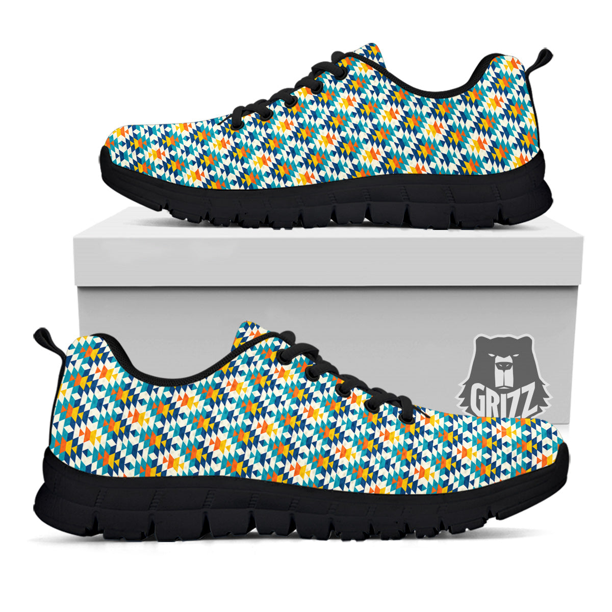 Southwestern Orange And Blue Print Black Sneaker-grizzshop