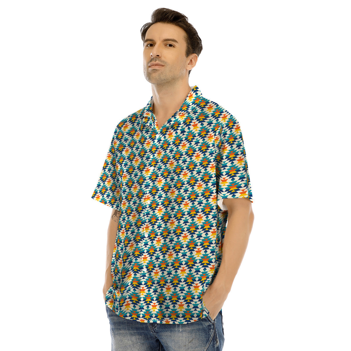 Southwestern Orange And Blue Print Men's Hawaiian Shirt-grizzshop