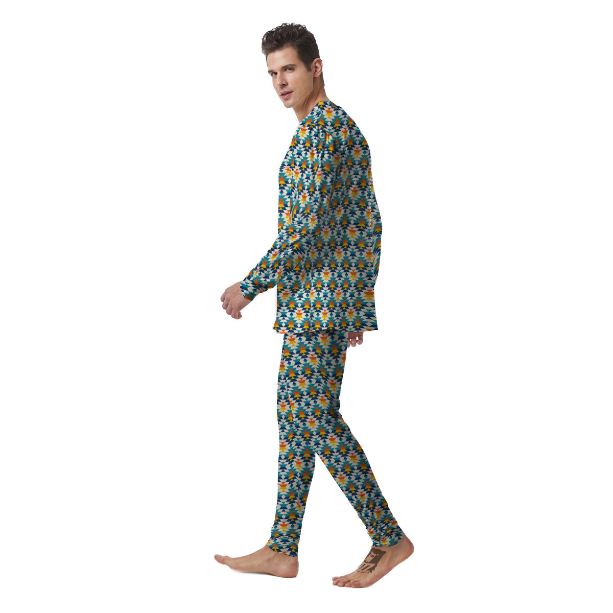 Southwestern Orange And Blue Print Men's Pajamas-grizzshop