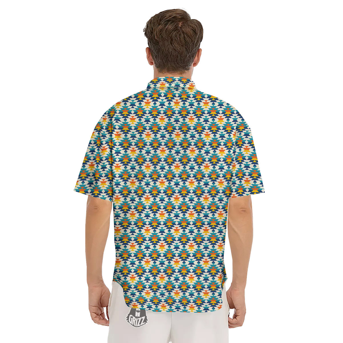 Southwestern Orange And Blue Print Men's Short Sleeve Shirts-grizzshop