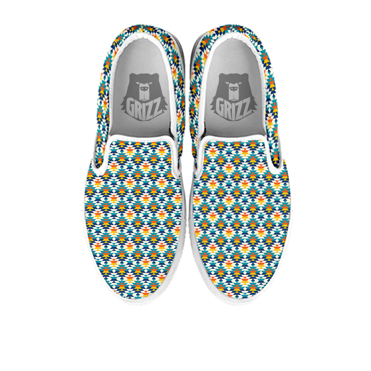 Southwestern Orange And Blue Print White Slip On Shoes-grizzshop