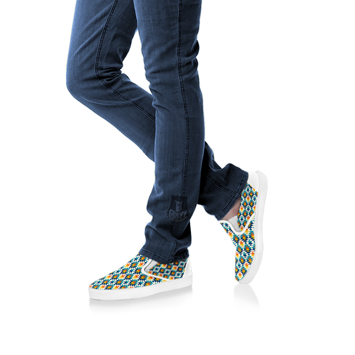 Southwestern Orange And Blue Print White Slip On Shoes-grizzshop