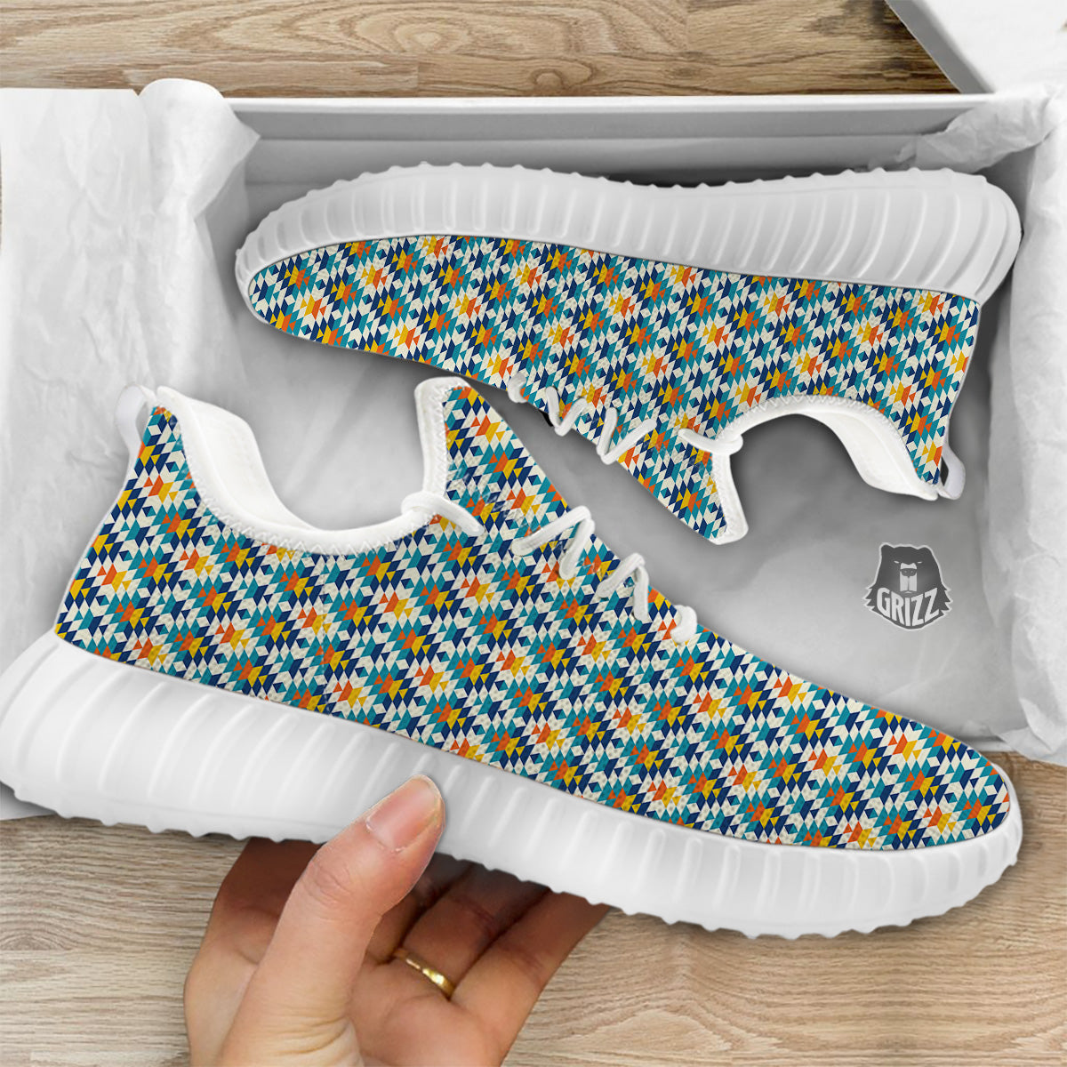 Southwestern Orange And Blue Print White Walking Shoes-grizzshop