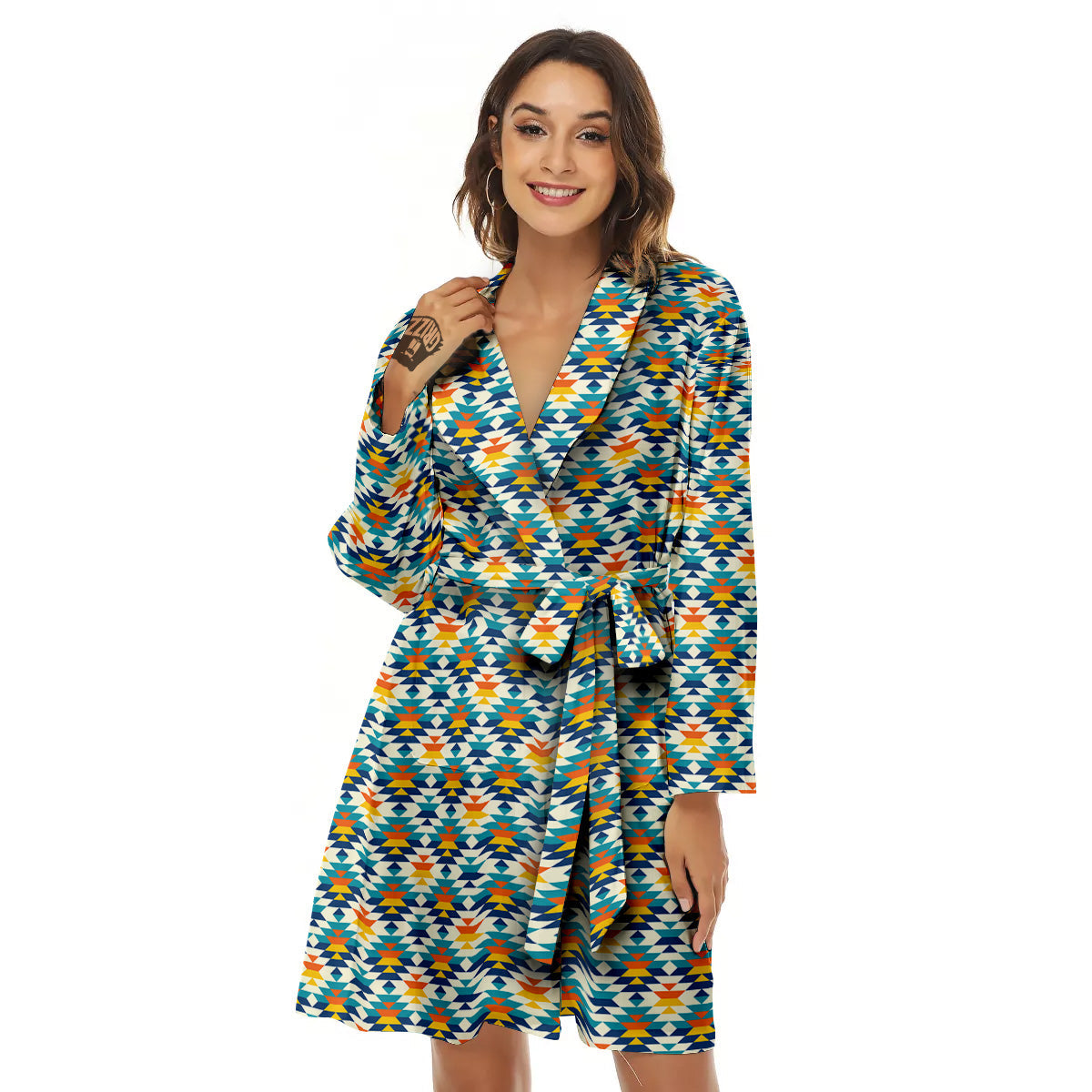 Southwestern Orange And Blue Print Women's Robe-grizzshop