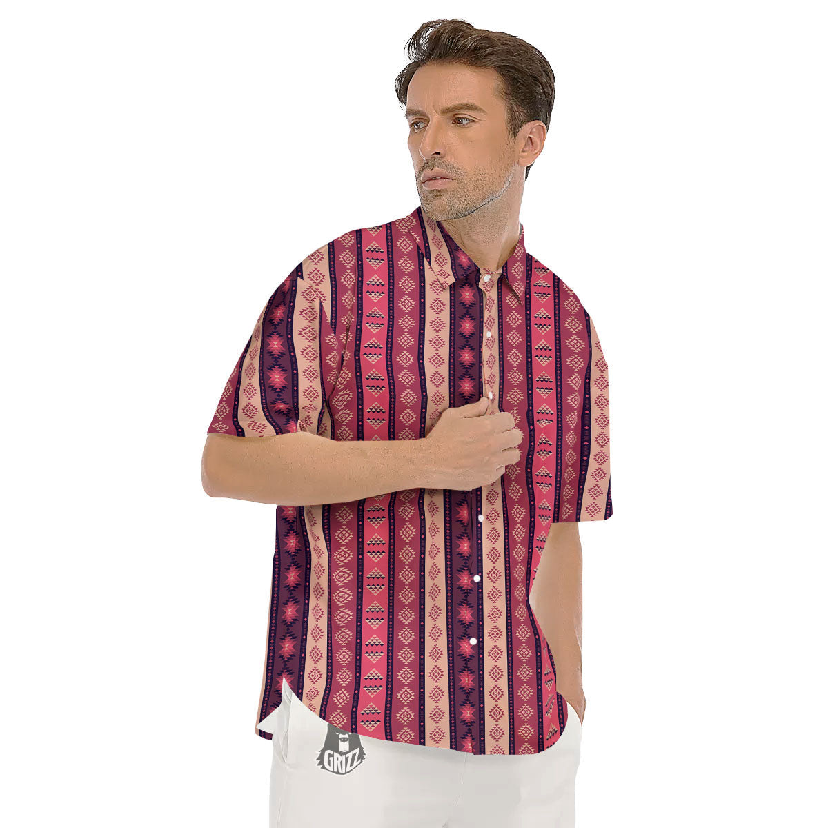 Southwestern Purple And Pink Print Pattern Men's Short Sleeve Shirts-grizzshop