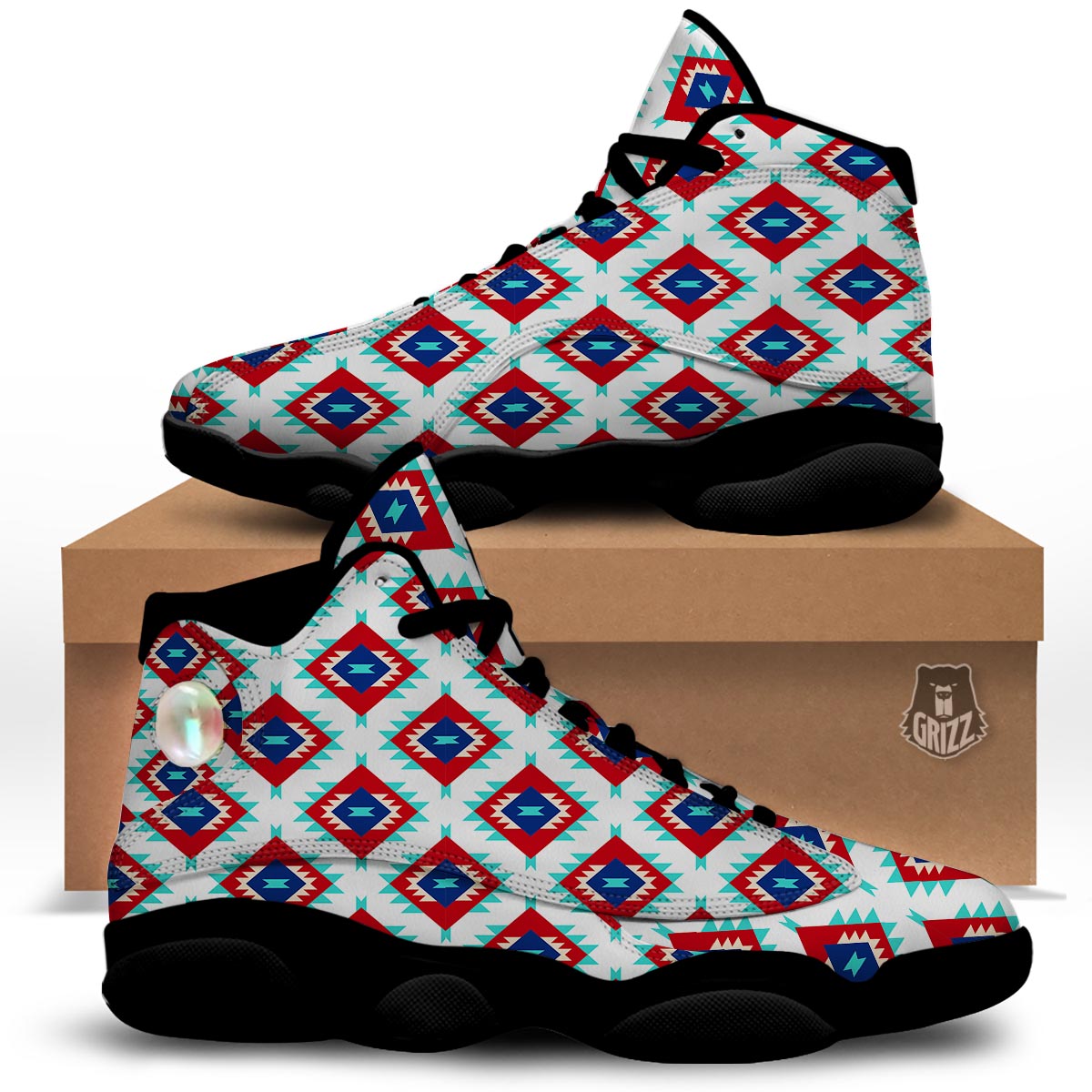 Southwestern Teal And Red Print Pattern Black Basketball Shoes-grizzshop