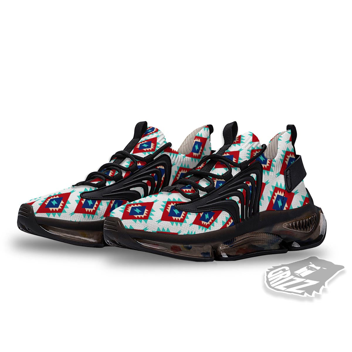 Southwestern Teal And Red Print Pattern Black Gym Shoes-grizzshop