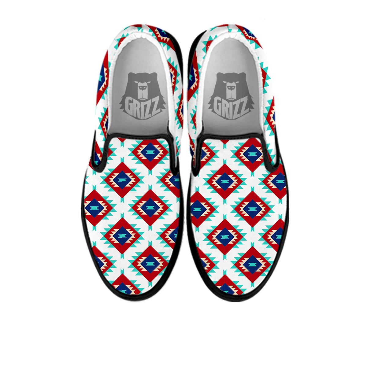 Southwestern Teal And Red Print Pattern Black Slip On Shoes-grizzshop