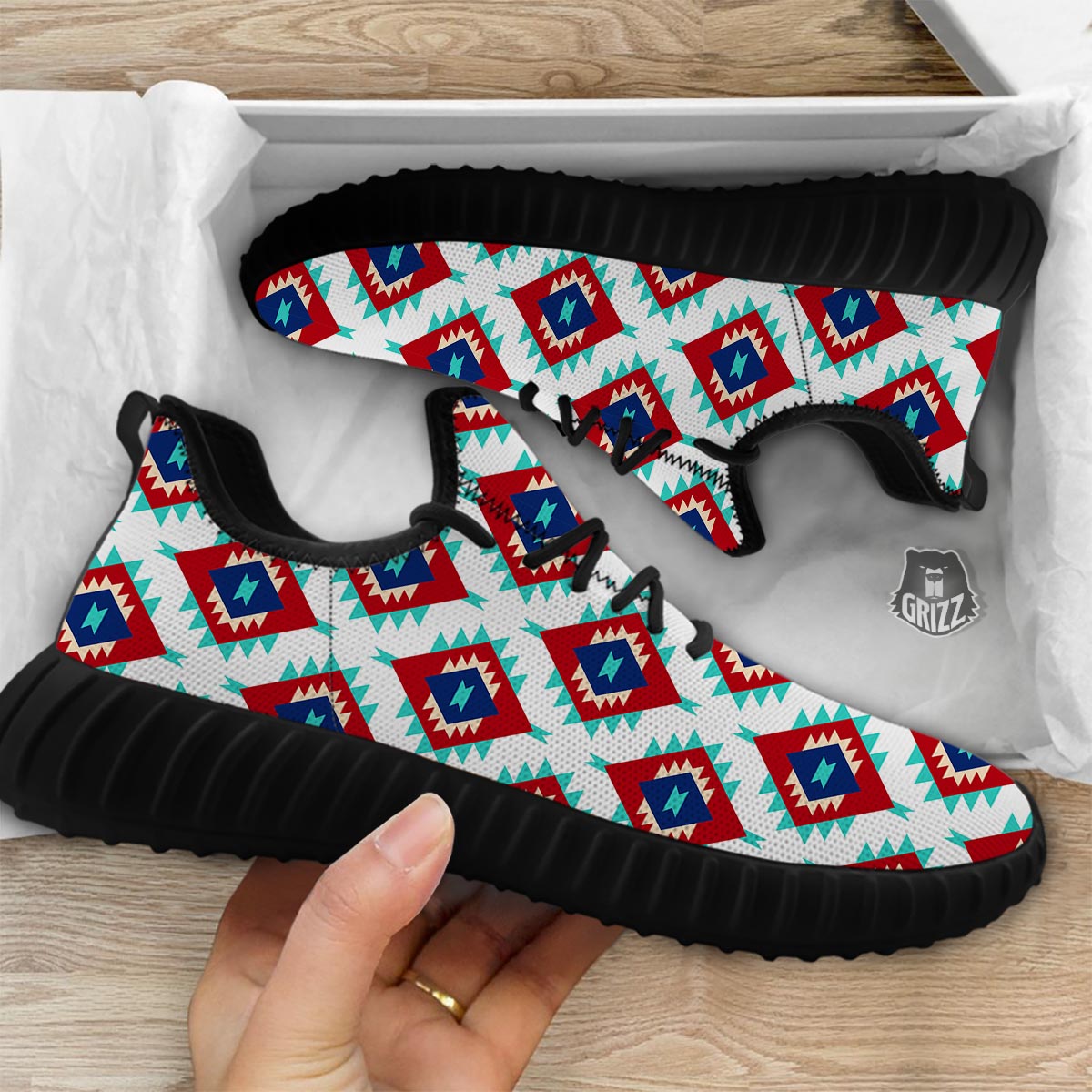 Southwestern Teal And Red Print Pattern Black Walking Shoes-grizzshop