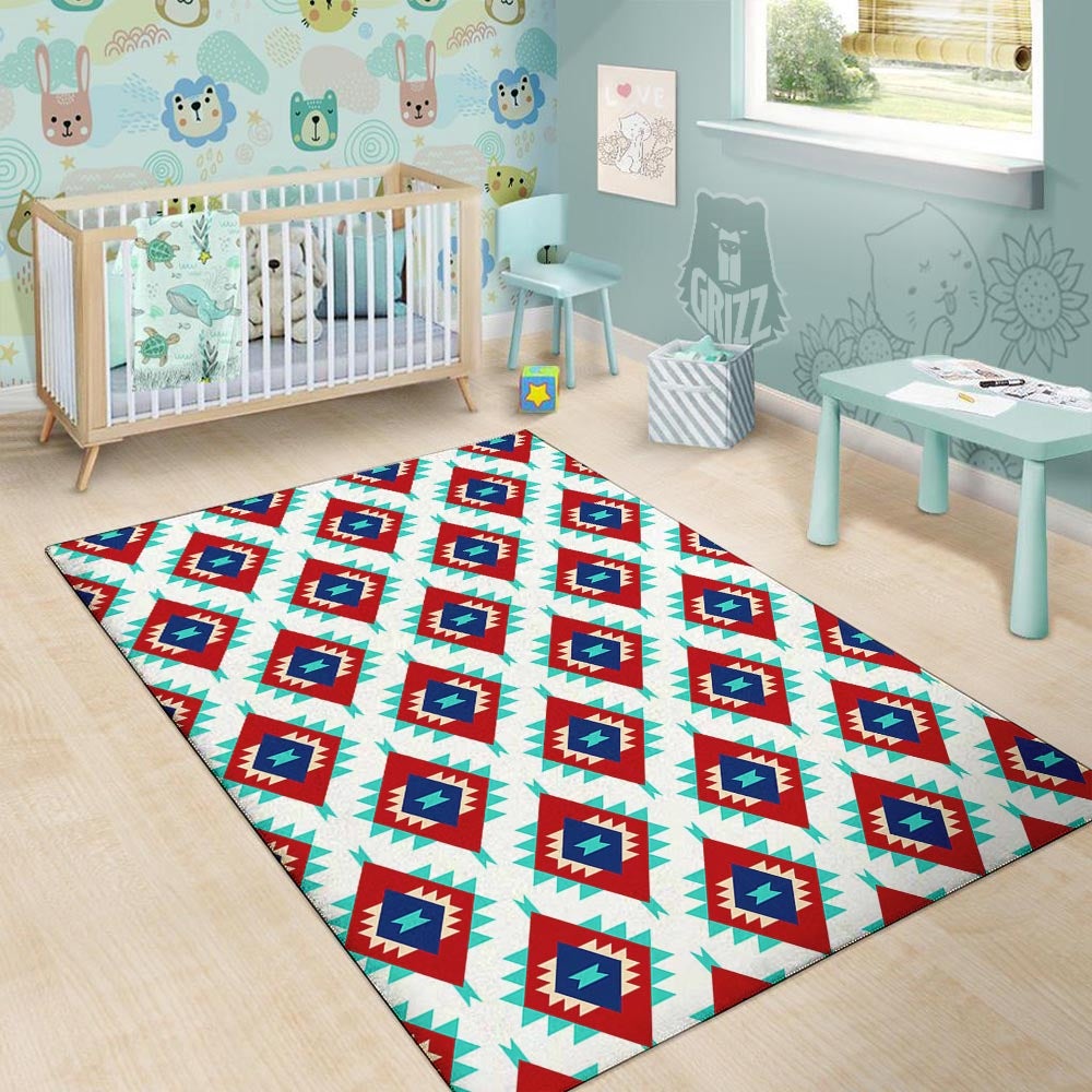 Southwestern Teal And Red Print Pattern Floor Mat-grizzshop