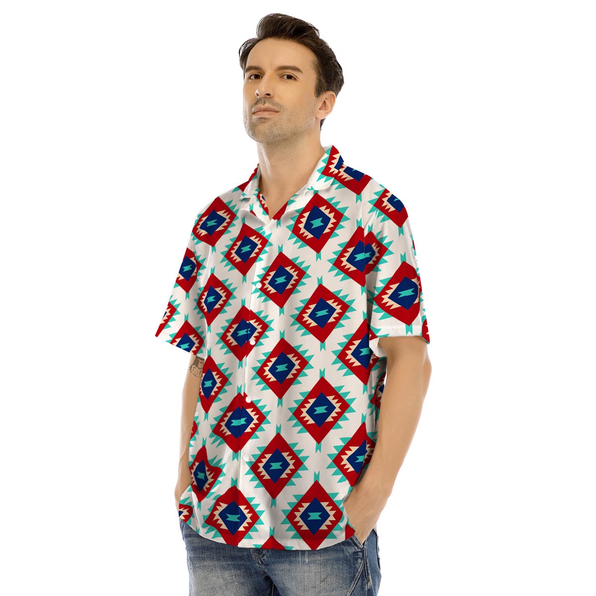 Southwestern Teal And Red Print Pattern Men's Hawaiian Shirt-grizzshop