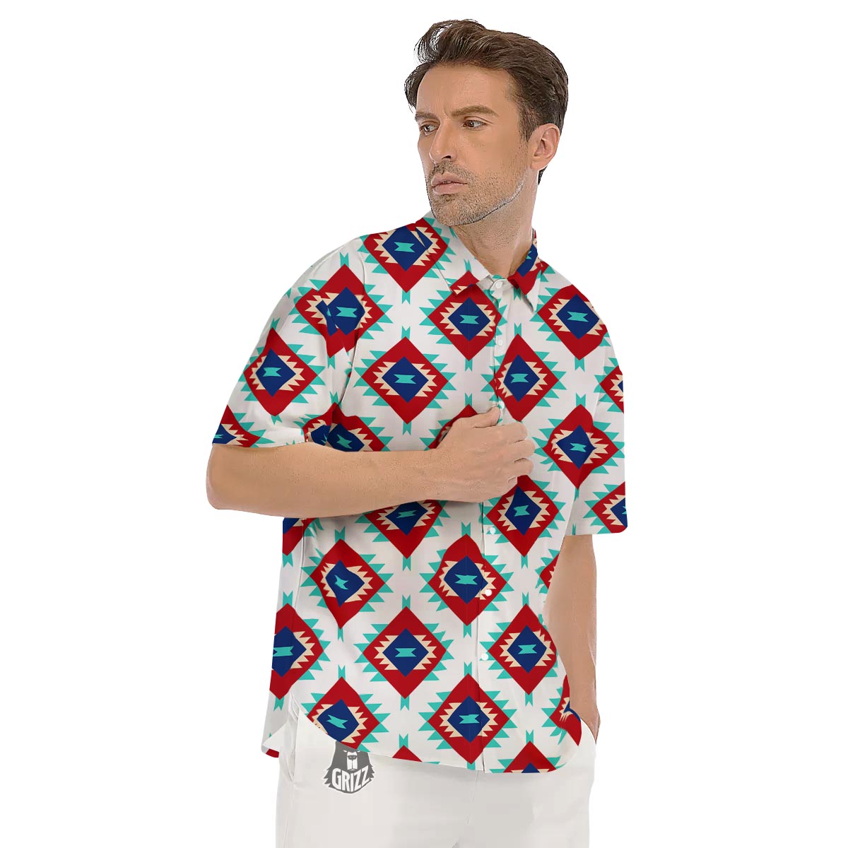 Southwestern Teal And Red Print Pattern Men's Short Sleeve Shirts-grizzshop