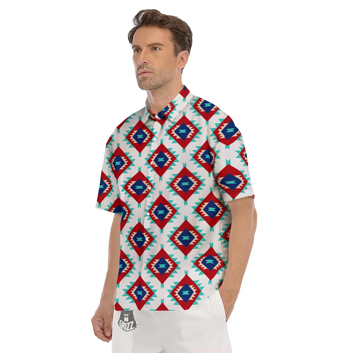 Southwestern Teal And Red Print Pattern Men's Short Sleeve Shirts-grizzshop