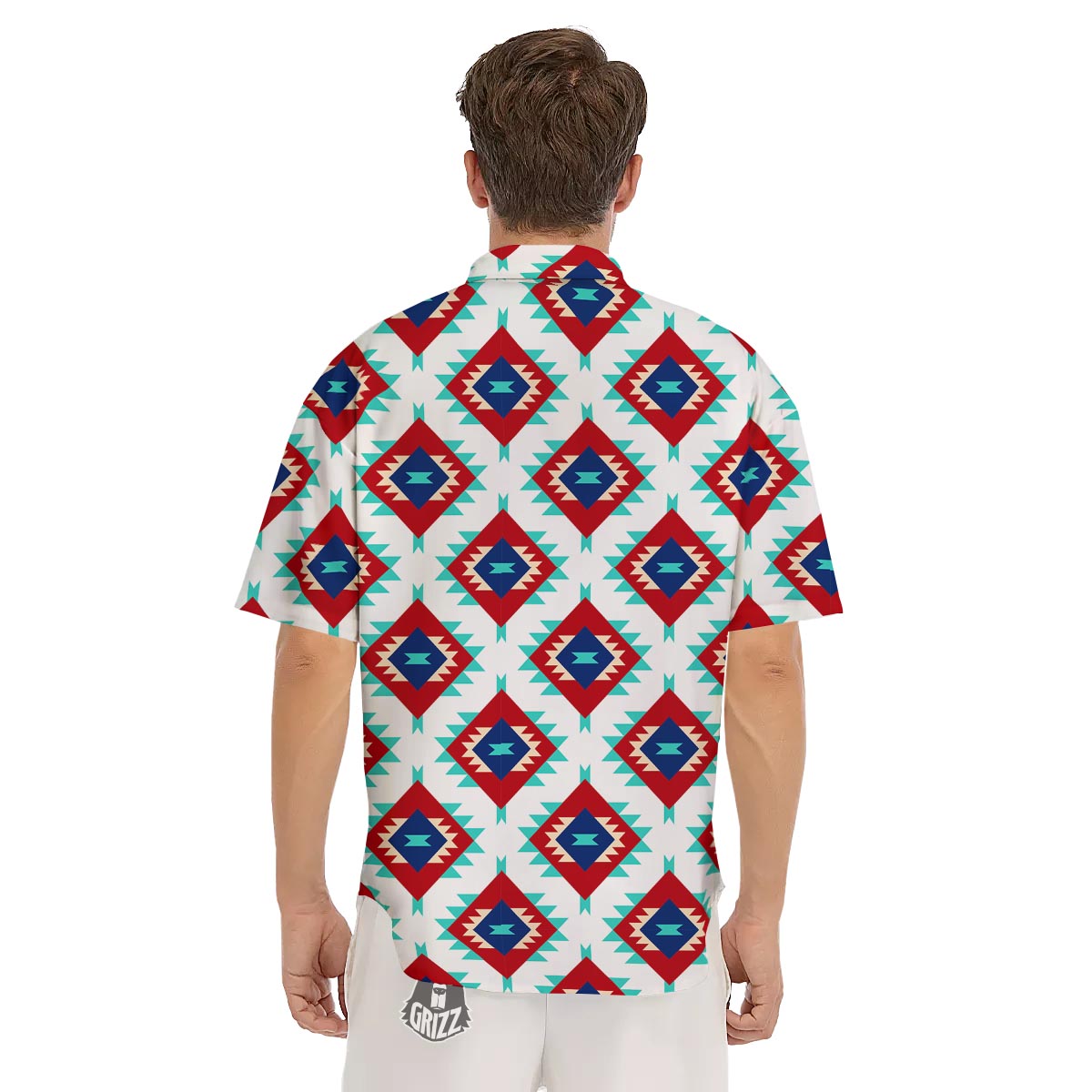 Southwestern Teal And Red Print Pattern Men's Short Sleeve Shirts-grizzshop