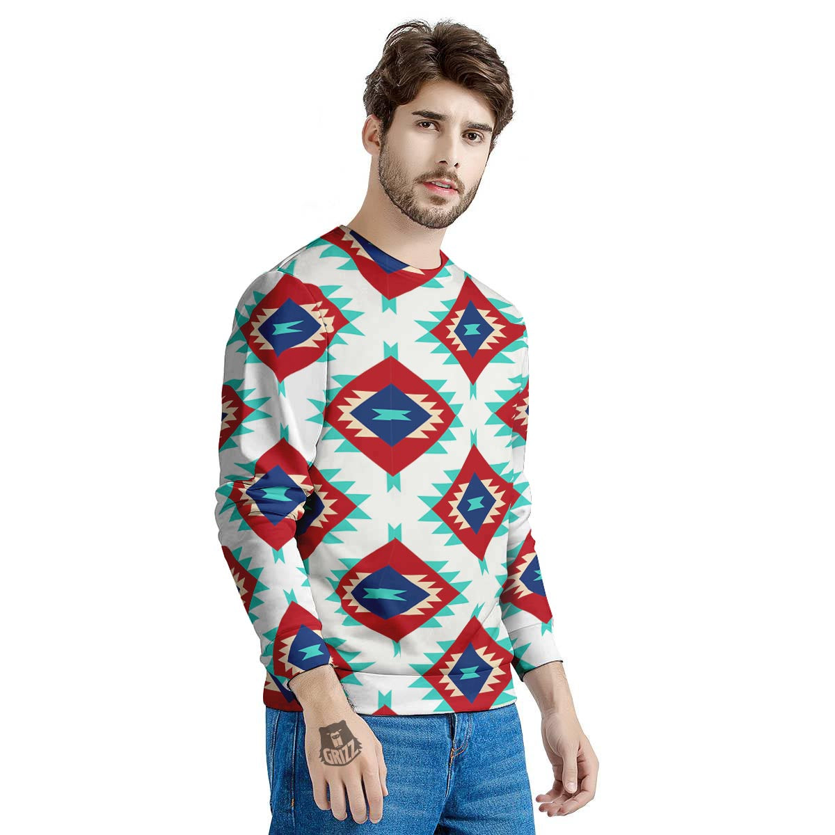 Southwestern Teal And Red Print Pattern Men's Sweatshirt-grizzshop