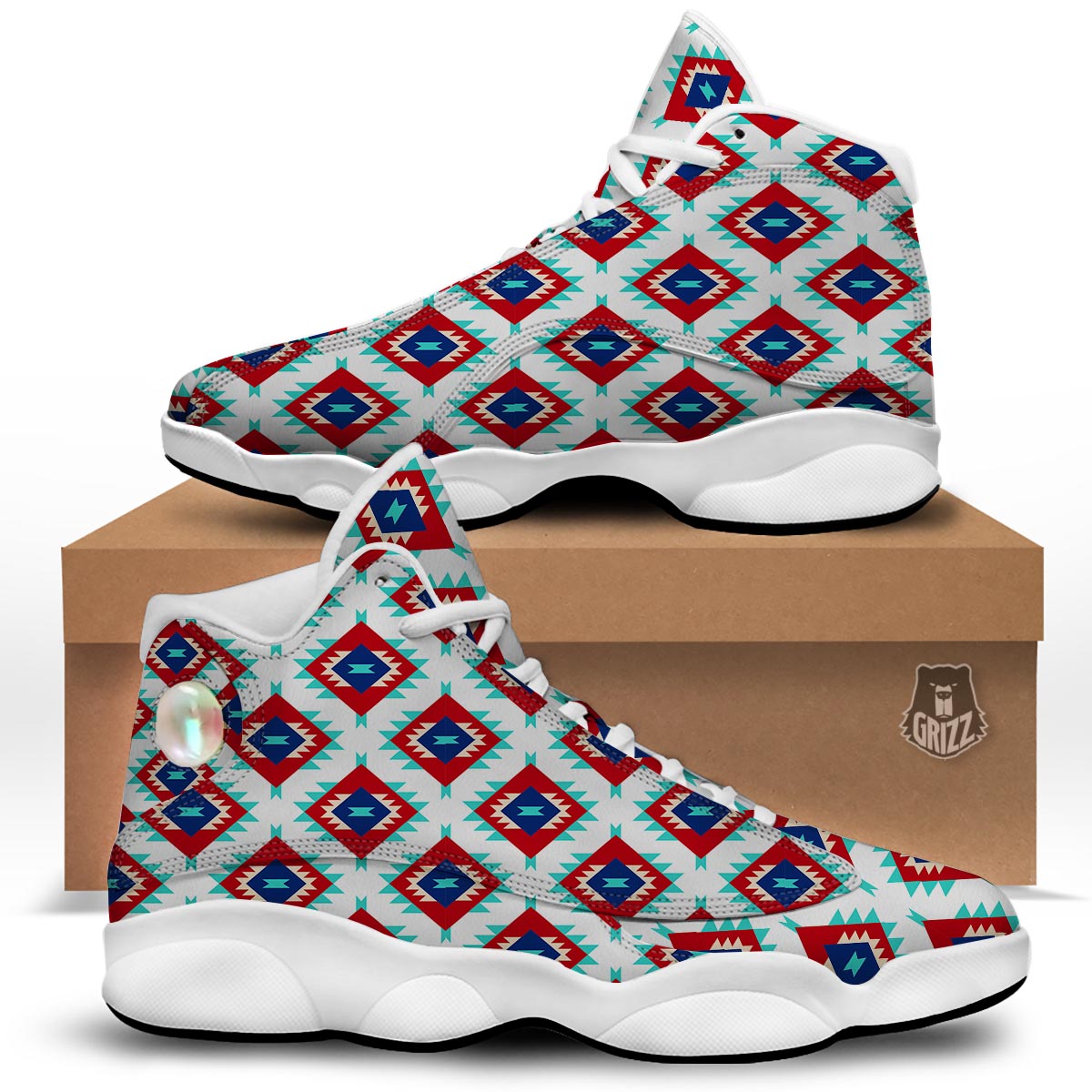 Southwestern Teal And Red Print Pattern White Basketball Shoes-grizzshop