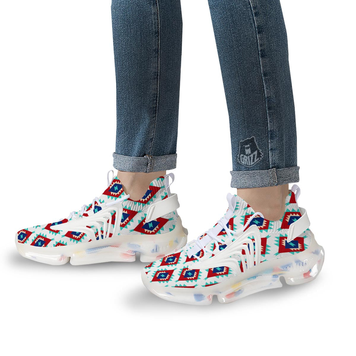 Southwestern Teal And Red Print Pattern White Gym Shoes-grizzshop