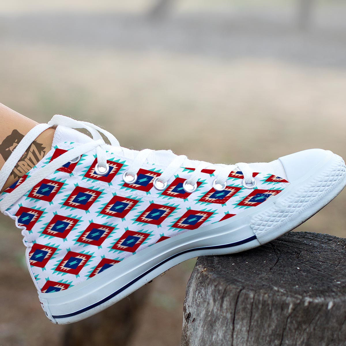 Southwestern Teal And Red Print Pattern White High Top Shoes-grizzshop