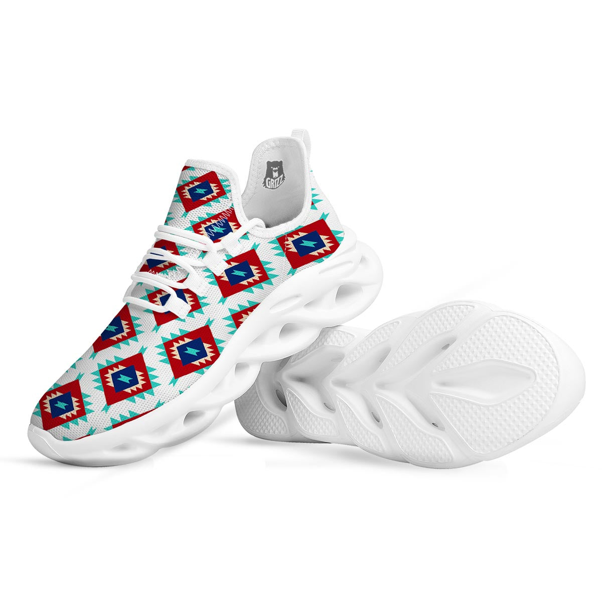 Southwestern Teal And Red Print Pattern White Running Shoes-grizzshop