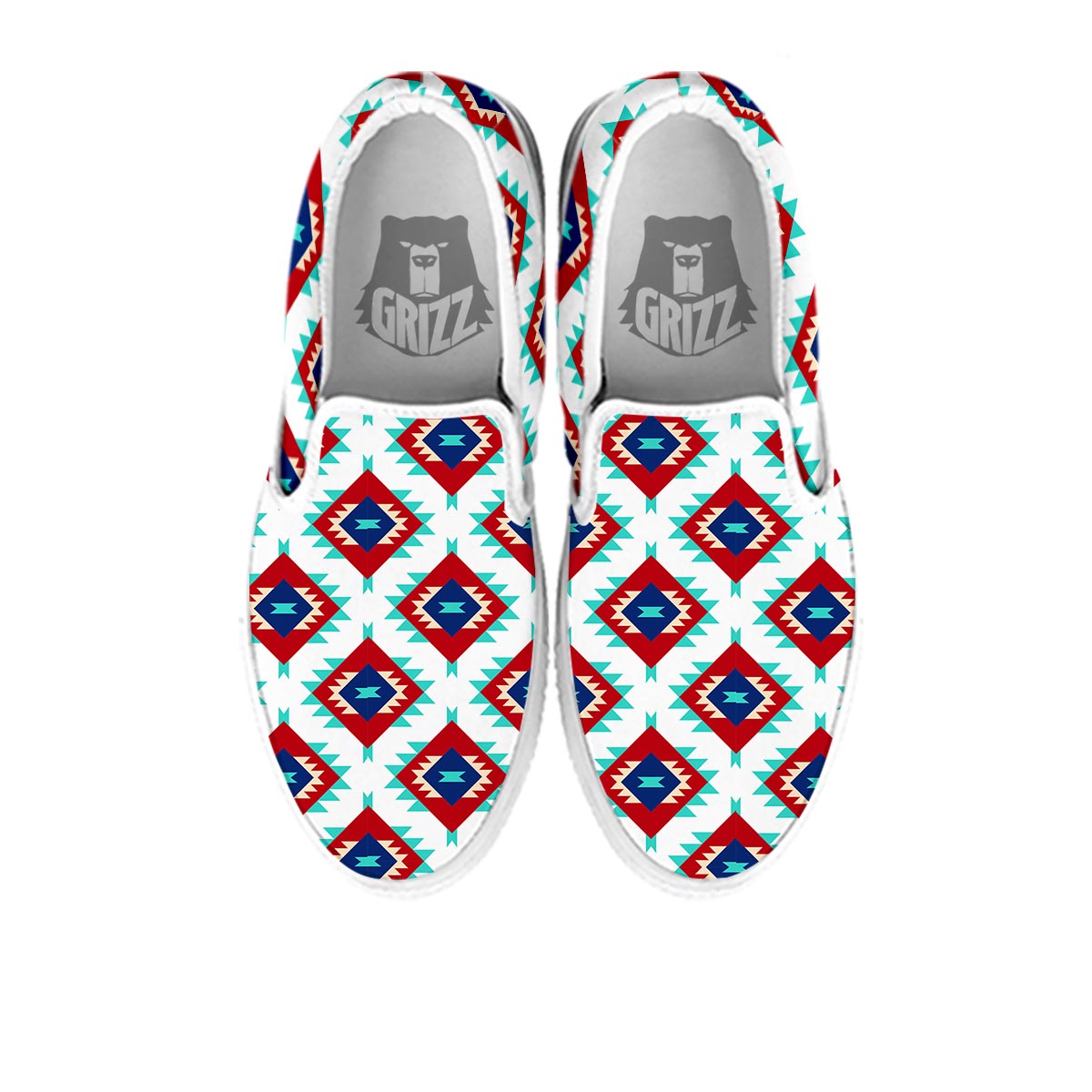 Southwestern Teal And Red Print Pattern White Slip On Shoes-grizzshop