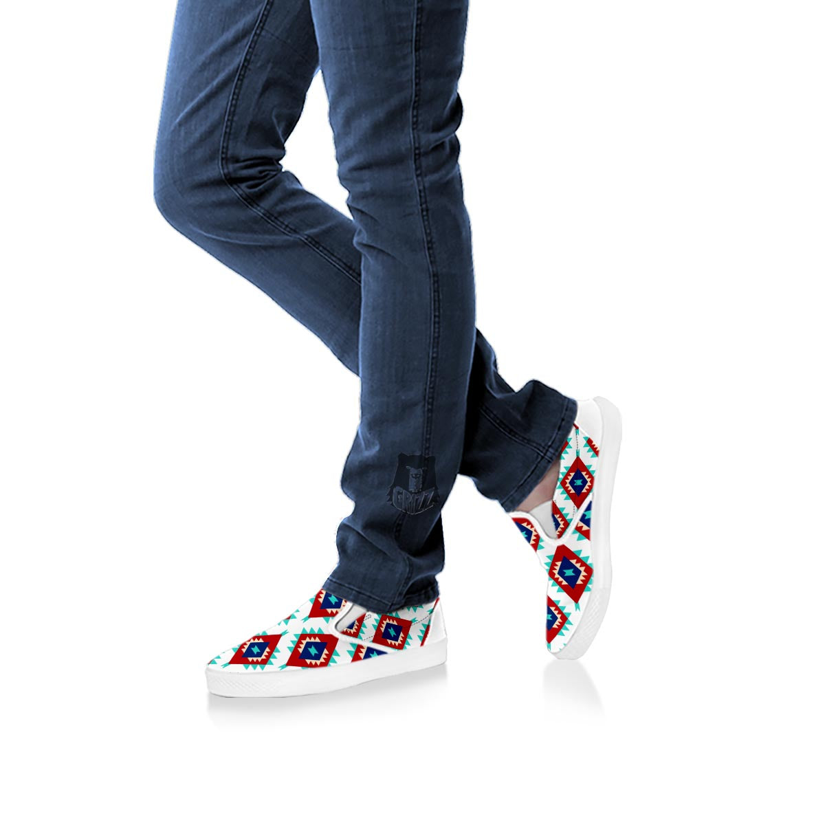 Southwestern Teal And Red Print Pattern White Slip On Shoes-grizzshop