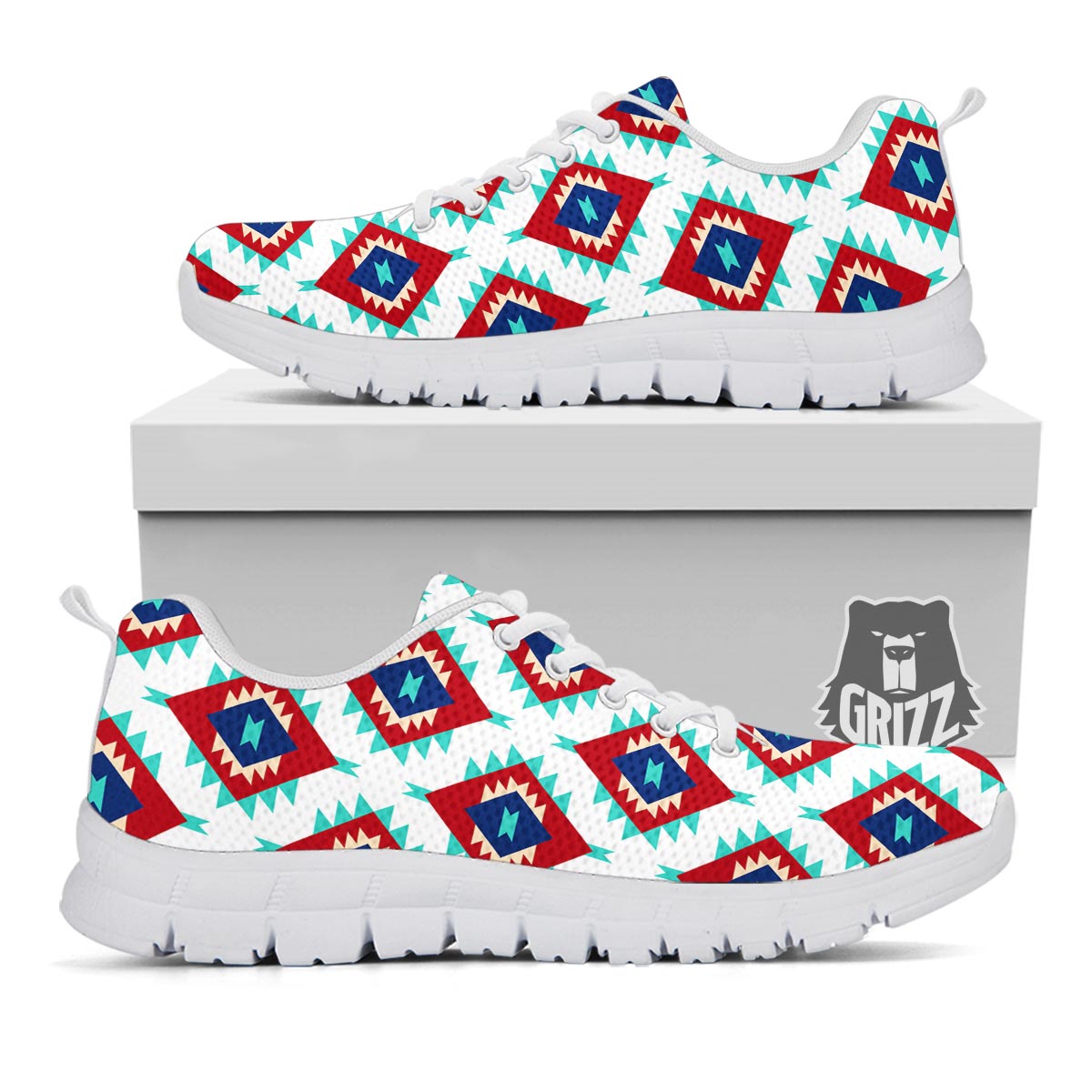 Southwestern Teal And Red Print Pattern White Sneaker-grizzshop