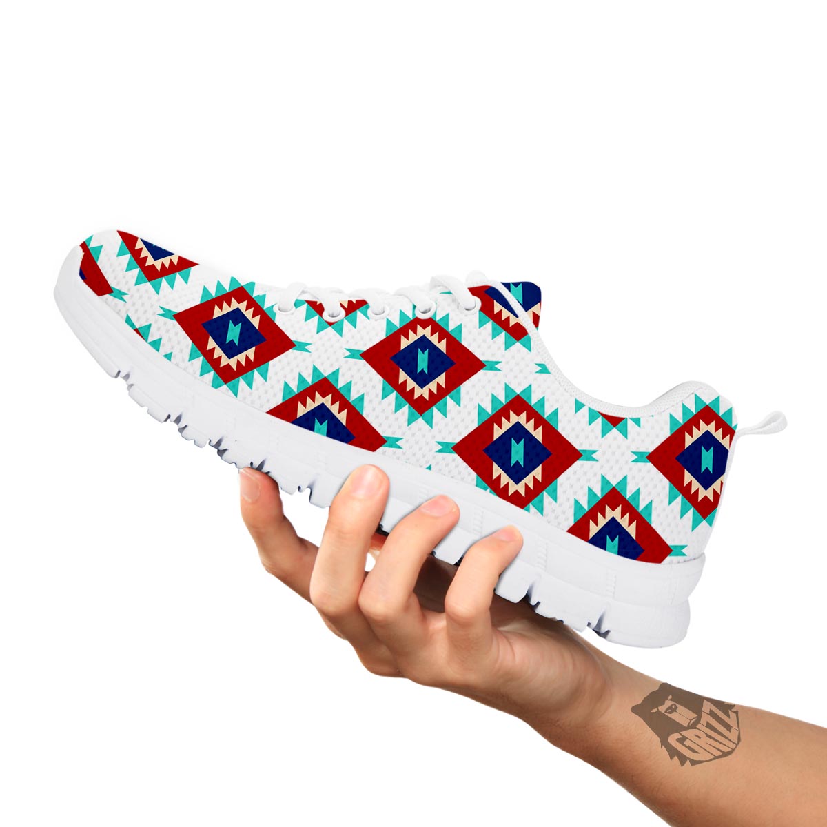 Southwestern Teal And Red Print Pattern White Sneaker-grizzshop