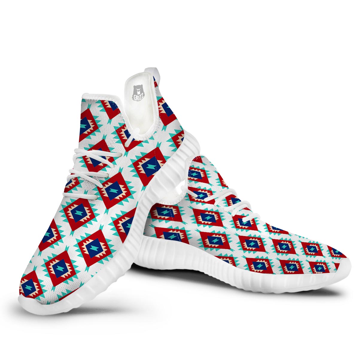 Southwestern Teal And Red Print Pattern White Walking Shoes-grizzshop
