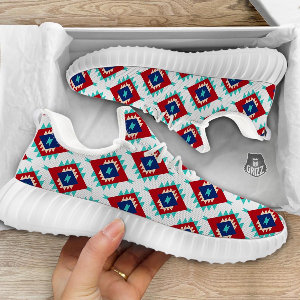Southwestern Teal And Red Print Pattern White Walking Shoes-grizzshop