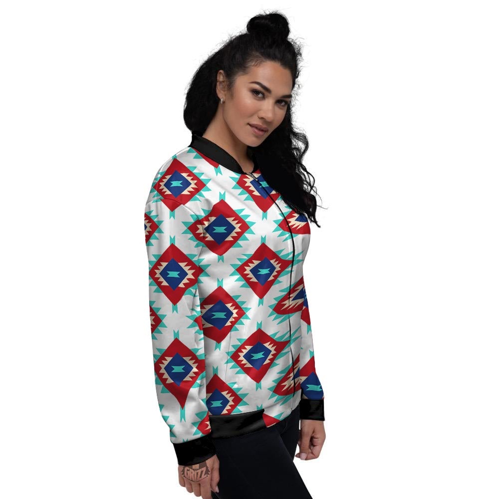 Southwestern Teal And Red Print Pattern Women's Bomber Jacket-grizzshop