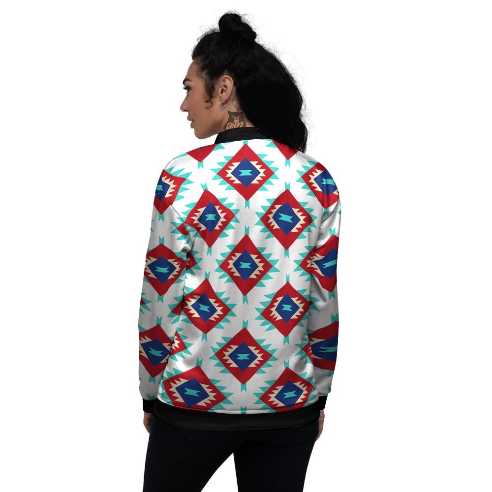 Southwestern Teal And Red Print Pattern Women's Bomber Jacket-grizzshop