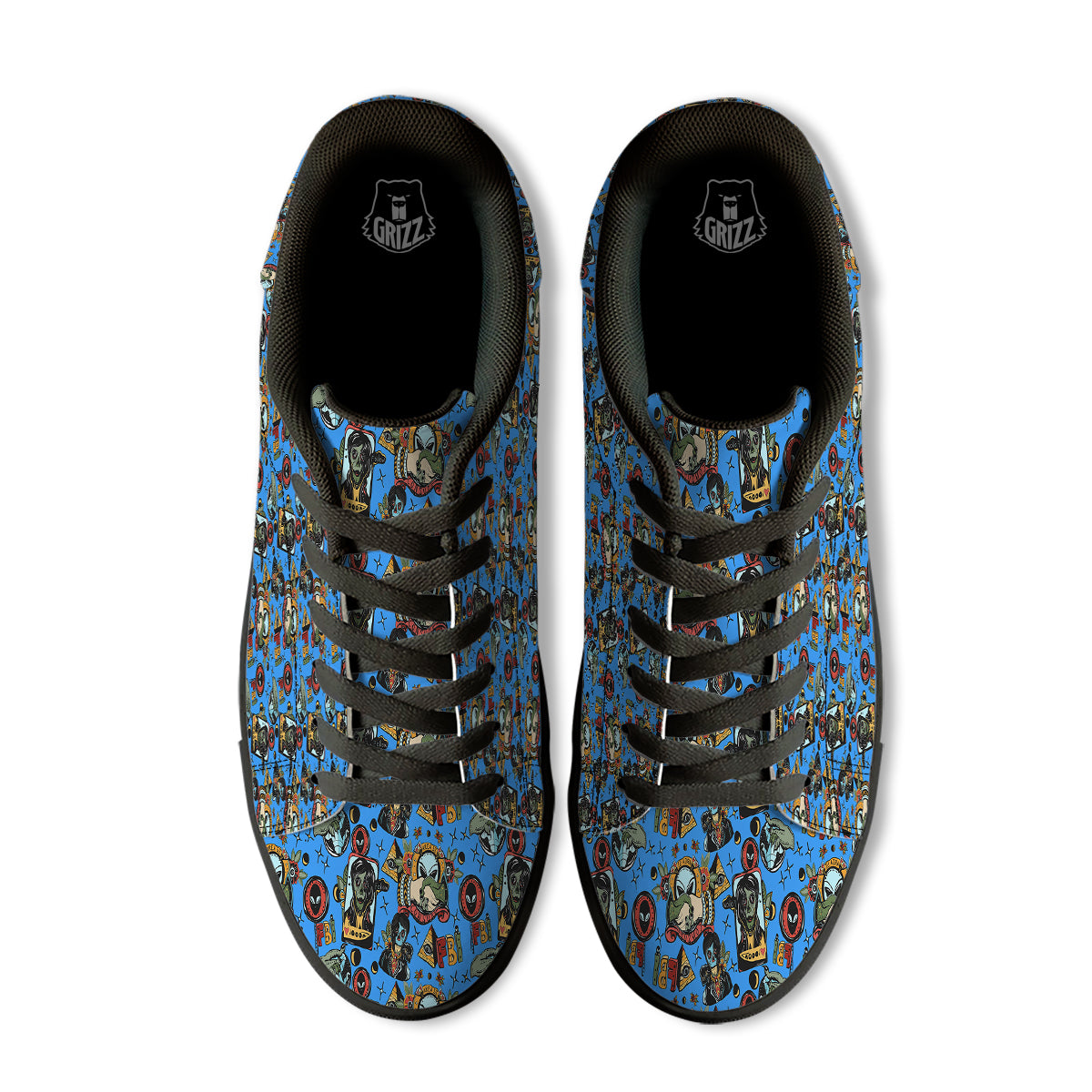 Space Alien Retro Tattoo Print Pattern Black Low Top Sneakers-grizzshop