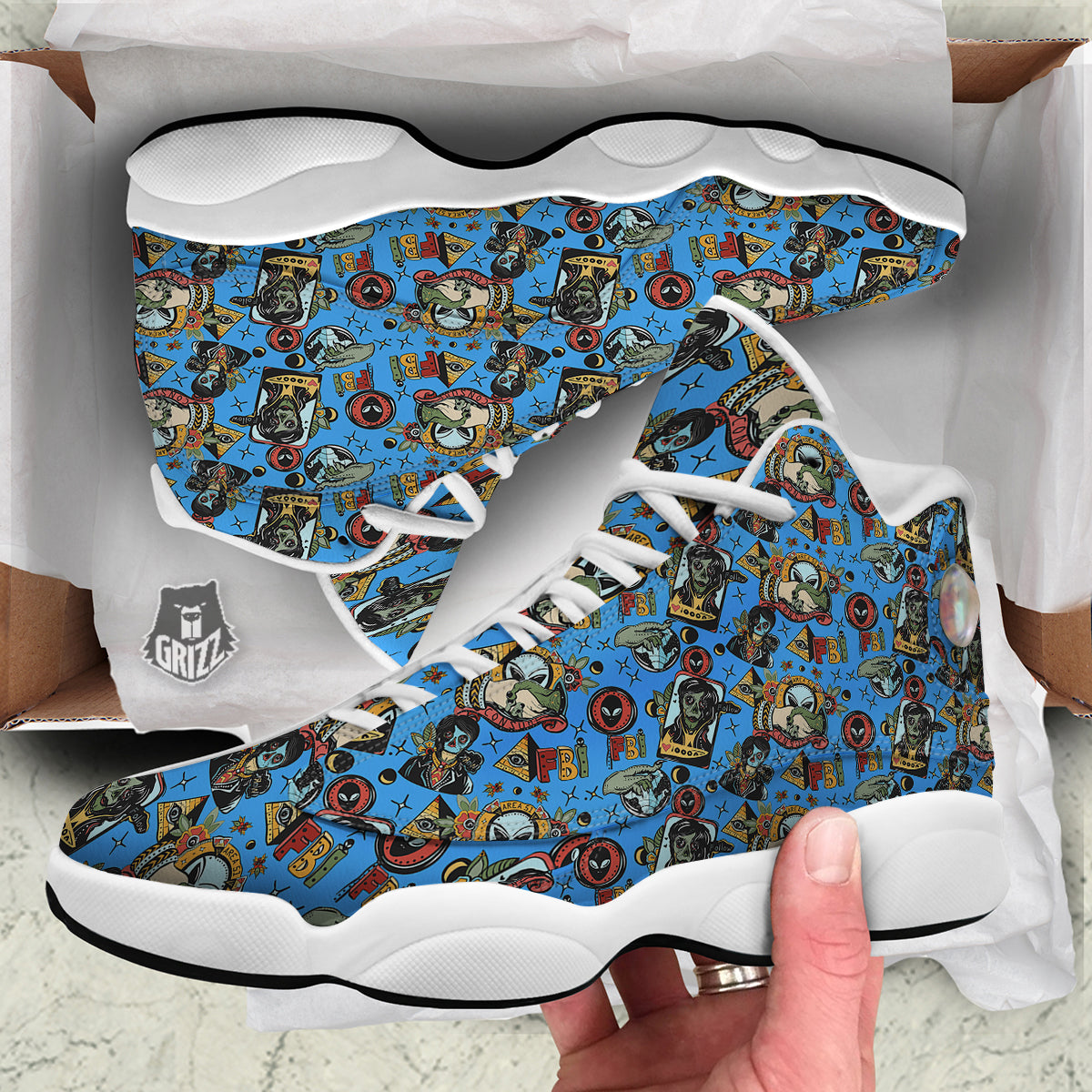 Space Alien Retro Tattoo Print Pattern White Basketball Shoes-grizzshop