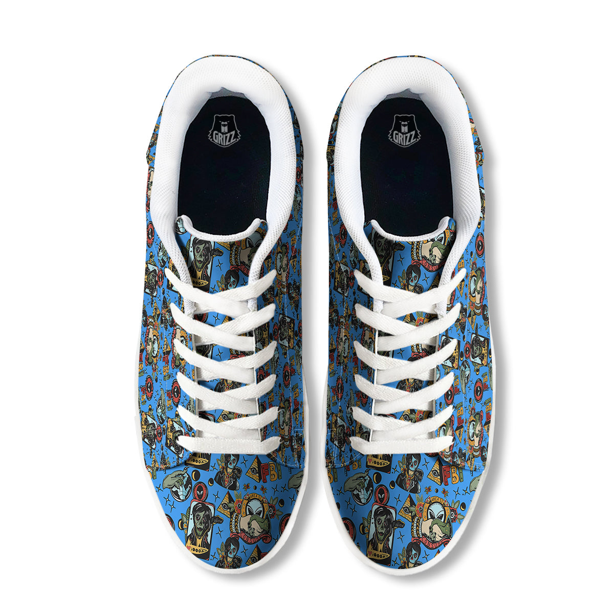 Space Alien Retro Tattoo Print Pattern White Low Top Sneakers-grizzshop