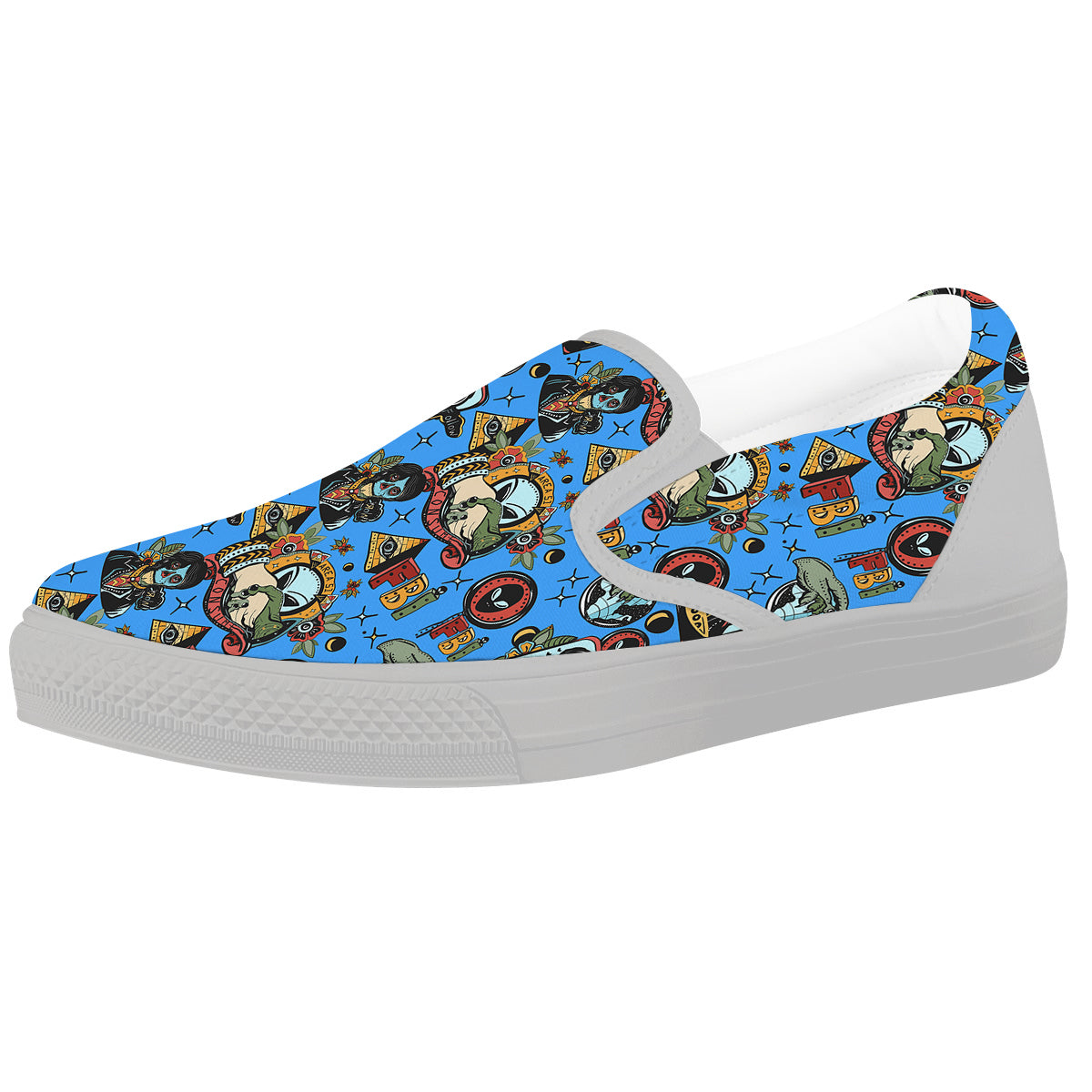 Space Alien Retro Tattoo Print Pattern White Slip On Shoes-grizzshop