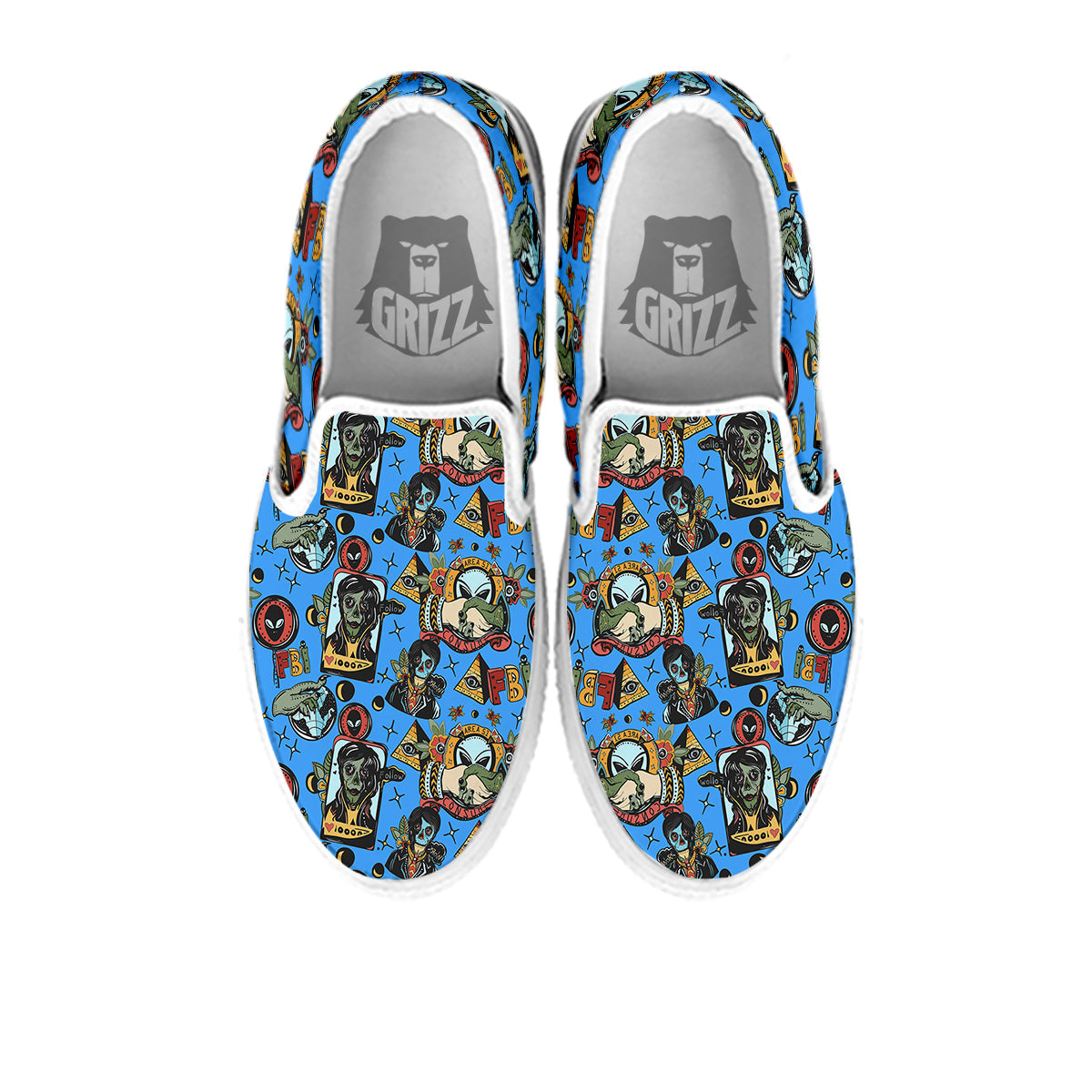 Space Alien Retro Tattoo Print Pattern White Slip On Shoes-grizzshop