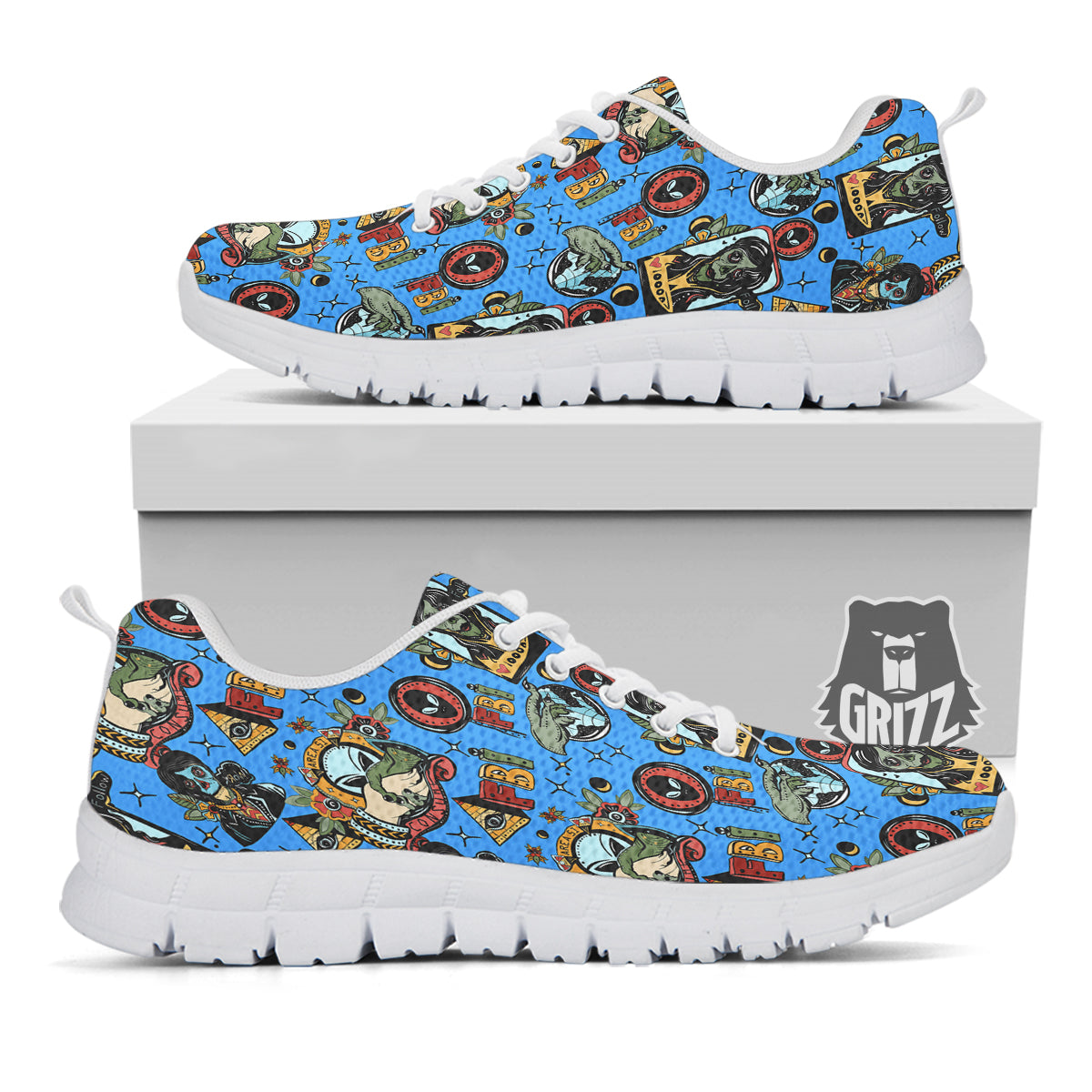 Space Alien Retro Tattoo Print Pattern White Sneaker-grizzshop