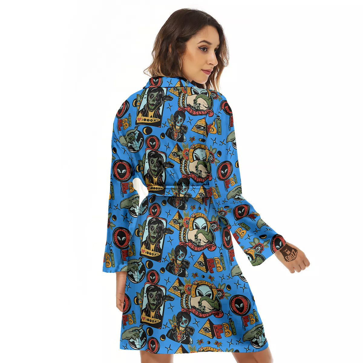 Space Alien Retro Tattoo Print Pattern Women's Robe-grizzshop