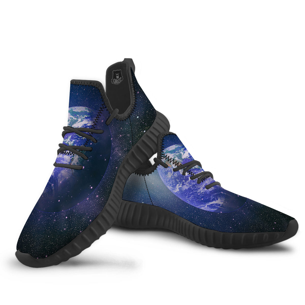 Space And Earth Print Black Walking Shoes-grizzshop