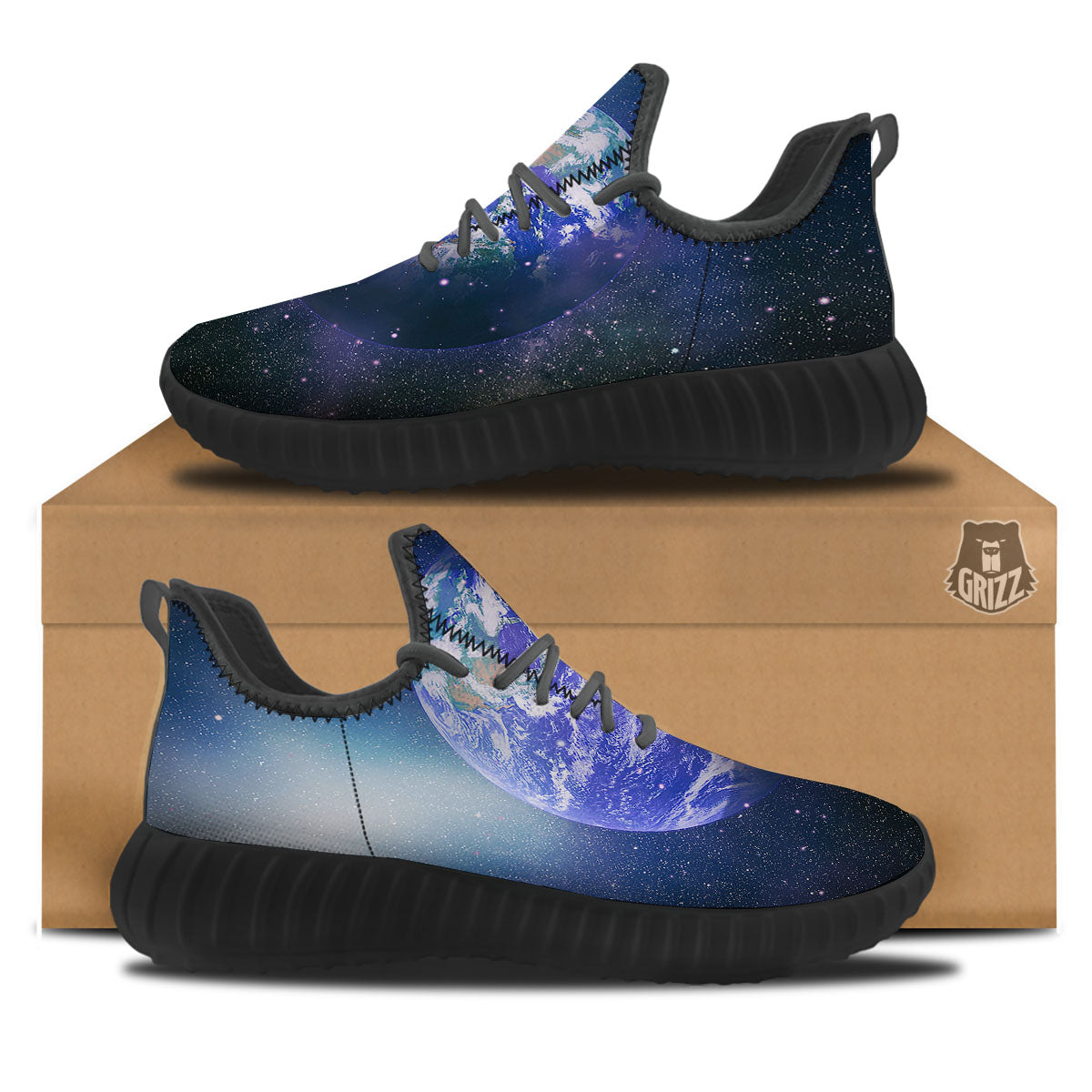 Space And Earth Print Black Walking Shoes-grizzshop