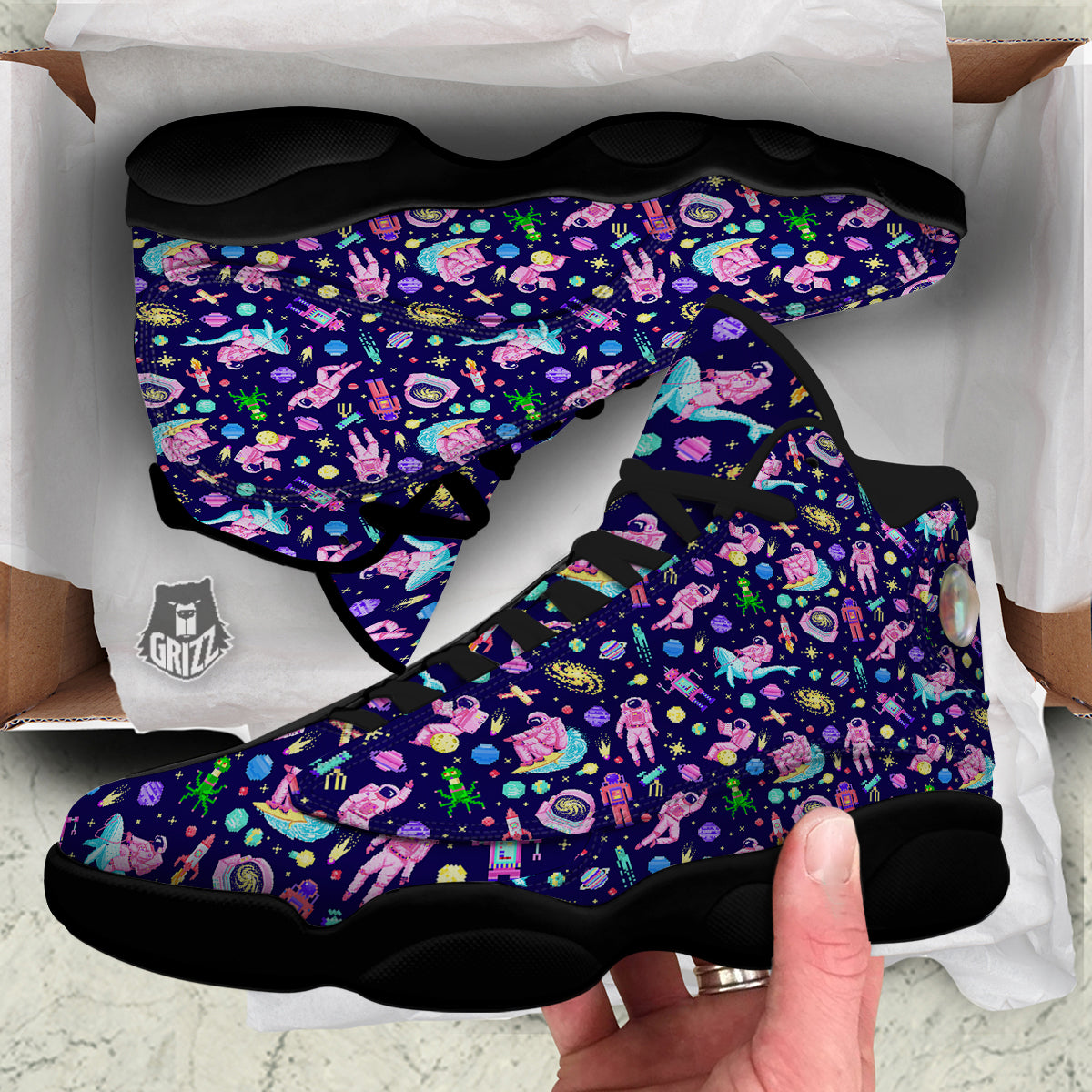 Space Astronaut 8 Bit Print Pattern Black Basketball Shoes-grizzshop