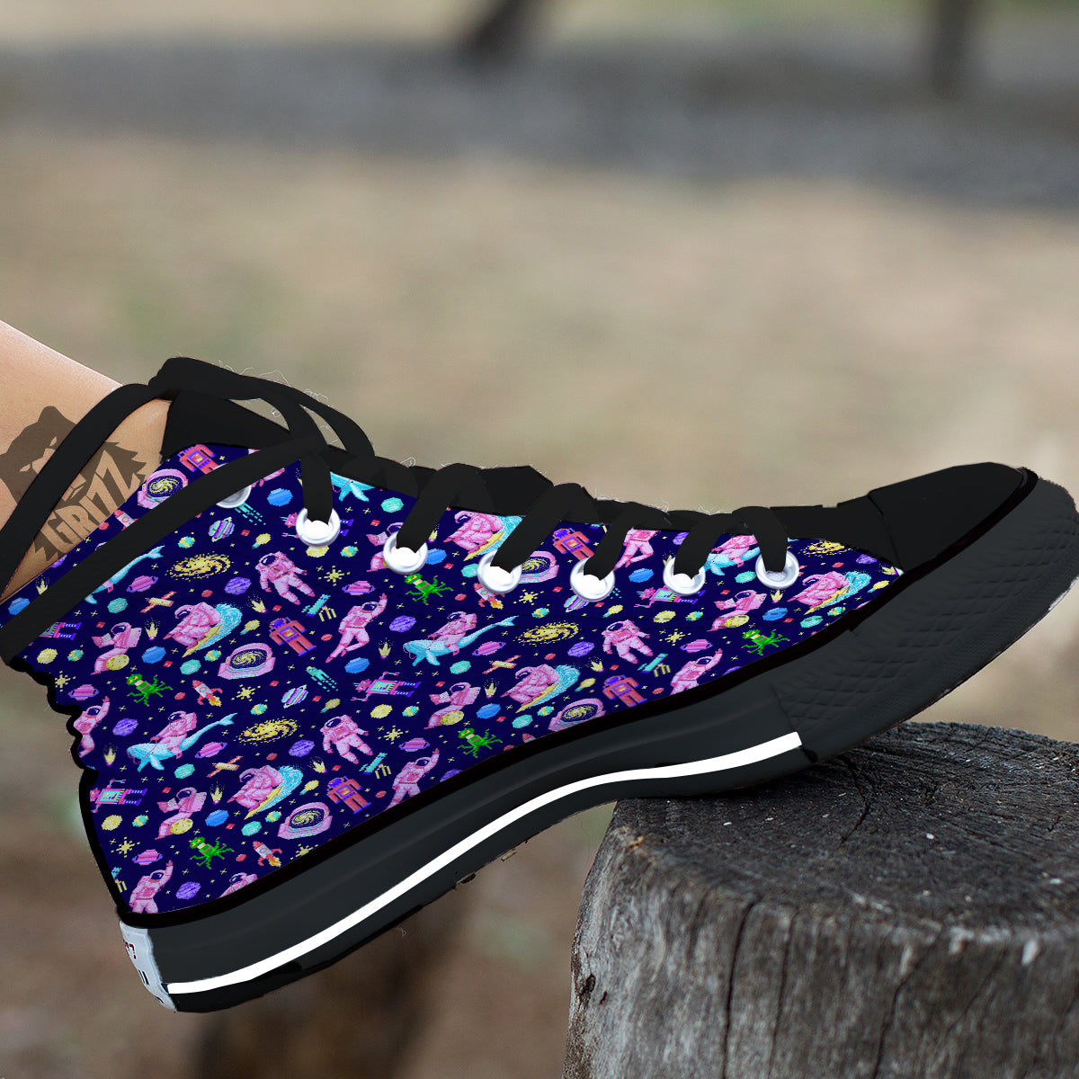 Space Astronaut 8 Bit Print Pattern Black High Top Shoes-grizzshop
