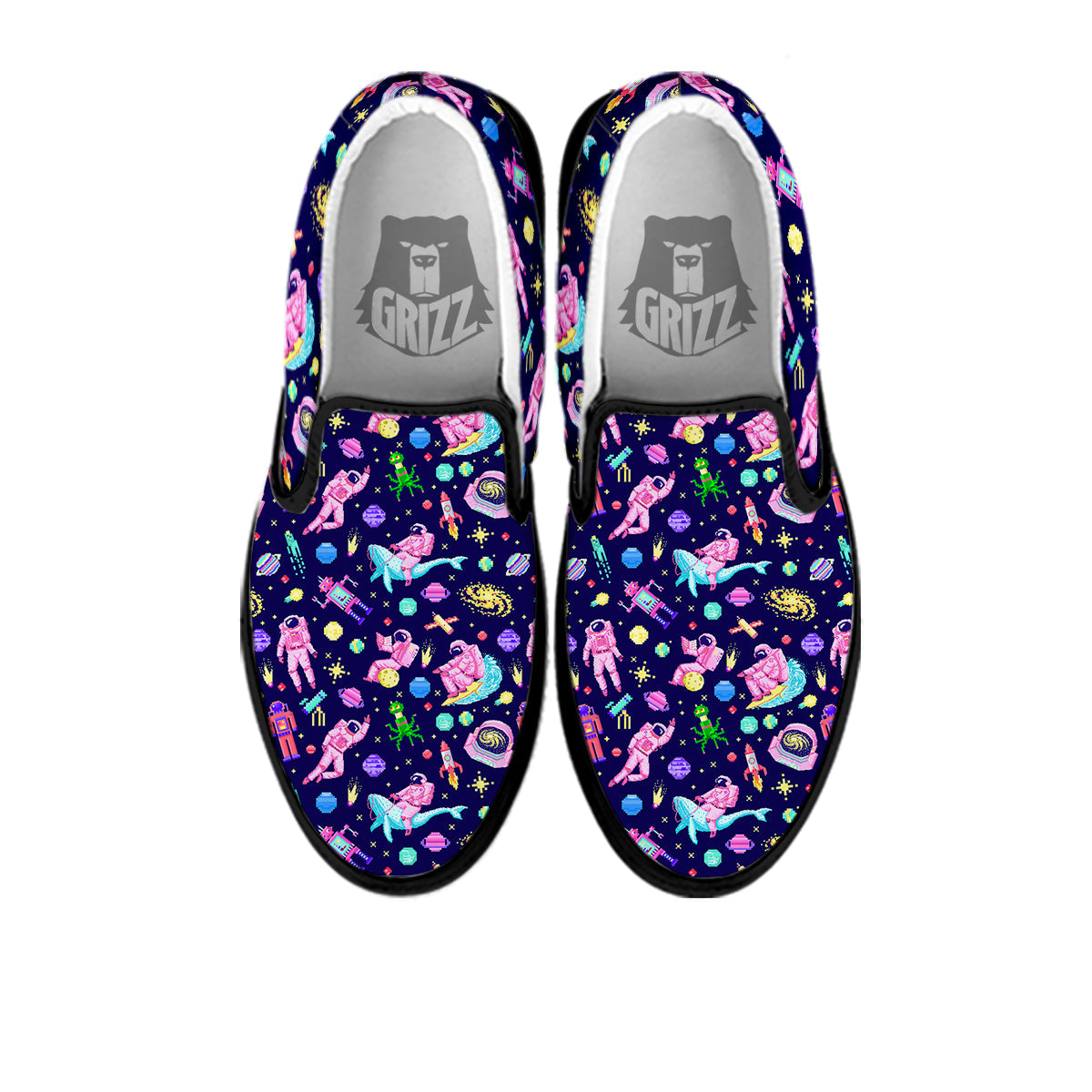 Space Astronaut 8 Bit Print Pattern Black Slip On Shoes-grizzshop
