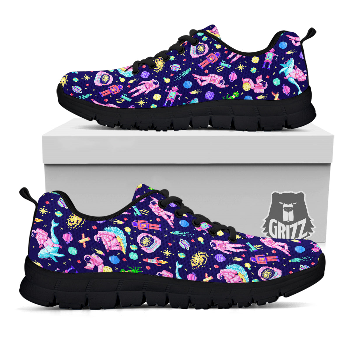 Space Astronaut 8 Bit Print Pattern Black Sneaker-grizzshop